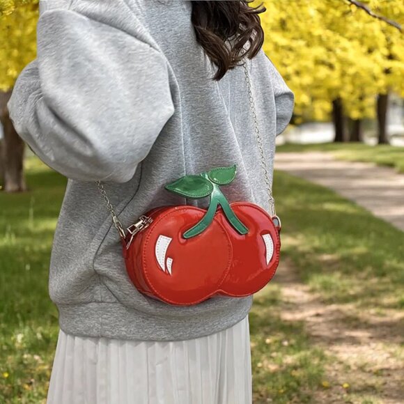 Cherry Red Mini Shoulder Bag Green Leaf Chain Strap - Picture 9 of 10